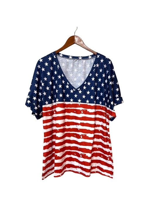 Not specified Tops - American Flag V-Neck T-Shirt Patriotic Stars & Stripes Loose Fit Womens 2XL